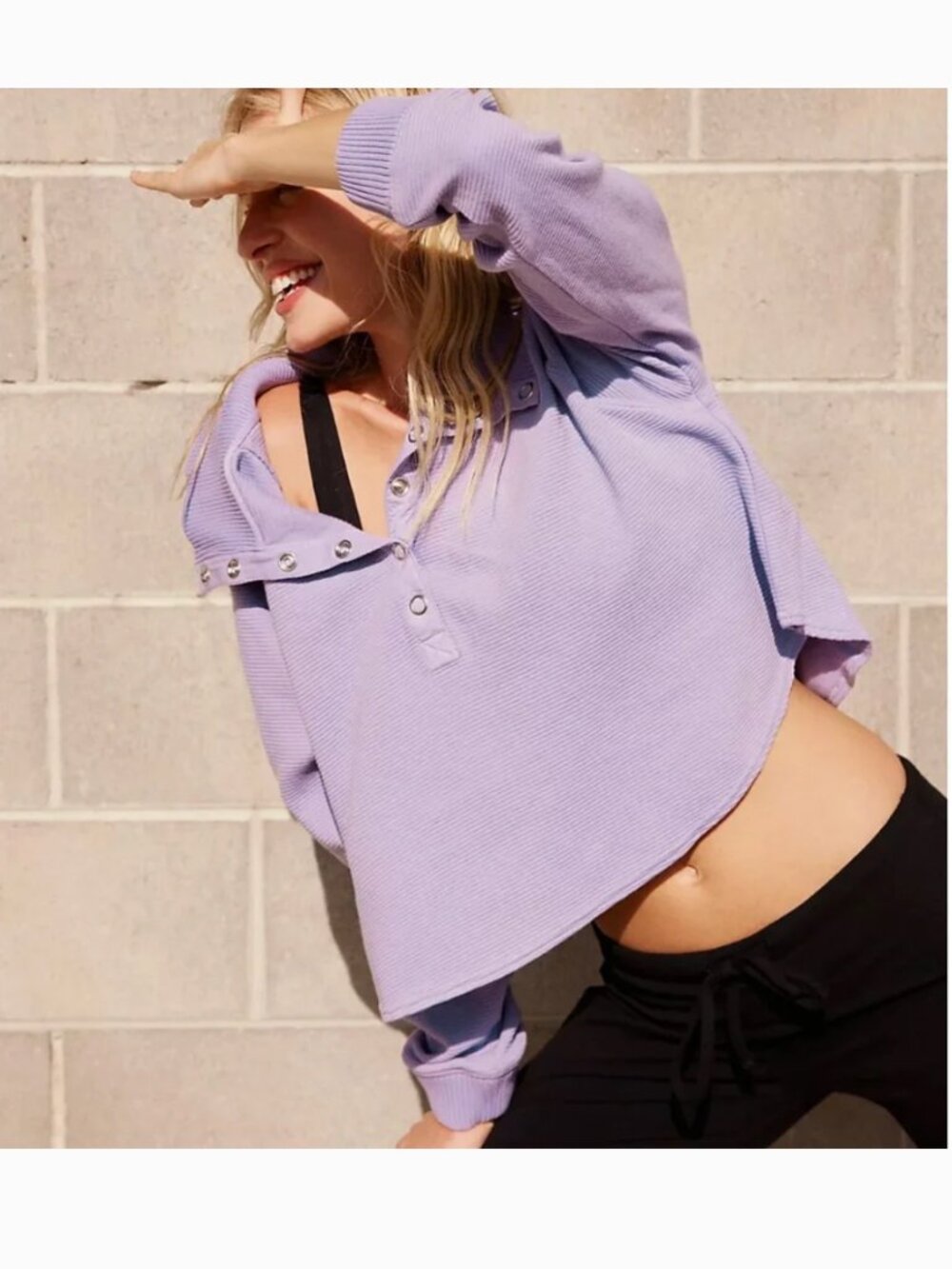 Free People FP Movement So Fly Henley Snap Neck Ribbed Pullover Purple Medium